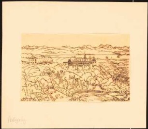 Schloss Heiligenberg am Bodensee: Durchzeichnung: Perspektivische Ansicht des Schlosses und des Klosters (?) vom Land her, nach: Über Land und Meer, 1873, S. 32