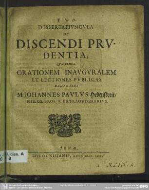 Dissertativncvla De Discendi Prvdentia