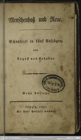 Menschenhaß und Reue : Schauspiel in fünf Aufzügen
