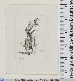 Rückenansicht einer barfüßigen Frau mit Säugling auf dem Arm und Kind an der Hand