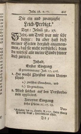 Die ein und zwanzigste Leich-Predigt.