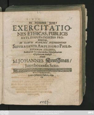 Exercitationes Ethicas, Publicis XXVI. Disputationibus Propositas