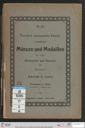 Nr. 26: Periodisch erscheinender Katalog verkäuflicher Münzen und Medaillen: Mittelalter und Neuzeit