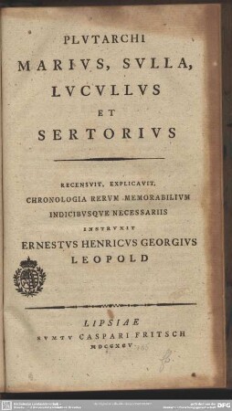 Plutarchi Marius, Sulla, Lucullus Et Sertorius