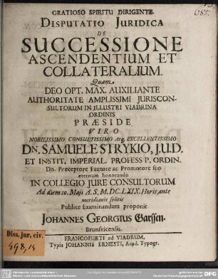 Disputatio juridica de successione ascendentium et collateralium
