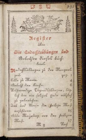 Register über Die Andachtsübungen und Gebether dieses Büchleins.