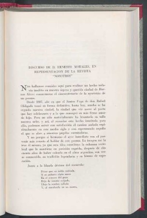 Discurso de D. Ernesto Morales, en representación de la revista "Nosotros"