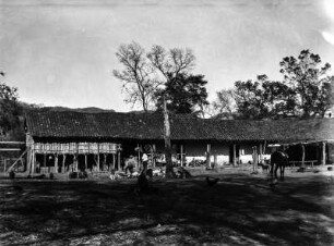 Finca Irenda : Gehöft bei Lagunillas. In der Bildmitte werden möglicherweise Tiere geschlachtet. Desweiteren sind Hunde, Hühner, Schweine und ein Pferd auf dem Hof.