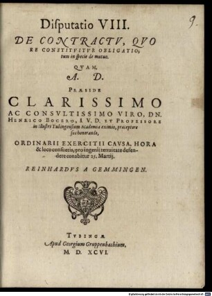 Classis I. disp. VIII. de contractu, quo reconstituitur obligatio, tum in specie de mutuo