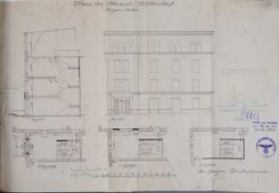 Woltersdorf (Kr. Niederbarnim): Haus der Heimat, Treppeneinbau (6. Entwurf, ausgeführt). Ansicht, Schnitt und Grundrisse