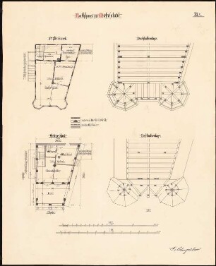 Rathaus, Michelstadt: Grundrisse EG, 1. OG, Dachbalkenlage, Kehlbalkenlage 1:50