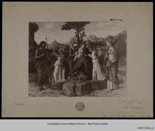 Ruhe auf der Flucht nach Ägypten mit zwei anbetenden Engeln, Heilige Johannes der Täufer und Lucia