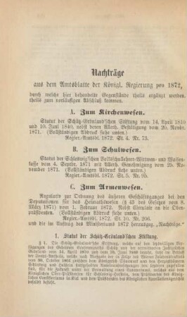 Nachträge aus dem Amtsblatte der Königl. Regierung pro 1872, durch welche hier behandelte Gegenstände theils ergänzt werden, theils zum vorläufigen Abschluß kommen