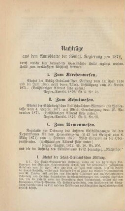 Nachträge aus dem Amtsblatte der Königl. Regierung pro 1872, durch welche hier behandelte Gegenstände theils ergänzt werden, theils zum vorläufigen Abschluß kommen