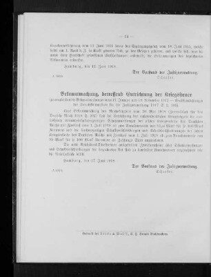Bekanntmachung, betreffend Entrichtung der Kriegssteuer