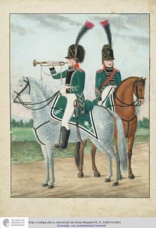 Abbildung Des Gros[s]herzoglich Hessischen Militair. [Tafel 33: Garde-Chevauleger-Regiment; Trompeter und Wachtmeister (Maréchal-des-Logis-Chef) in Parade]. S.l.e.a. [ca. 1813/14]