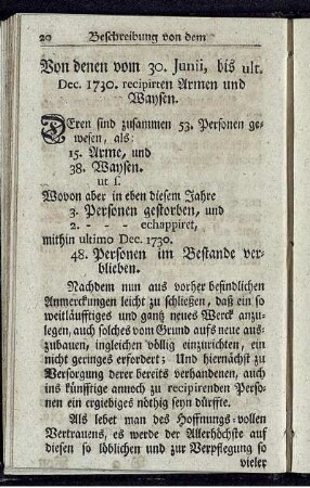 Von denen vom 30. Junii, bis ult. Dec. 1730. recipirten Armen und Waysen.