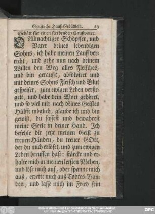 Gebätt für einen sterbenden Haußvater.