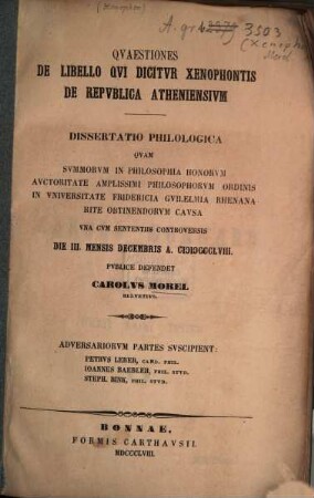 Quaestiones de libello qui dicitur Xenophontis de republica Atheniensium