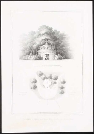 Schießhütte auf dem Jägerhofe, Glienicke: Lageplan, Perspektivische Ansicht (aus: Architektonisches Album, Bd. 1, H.9, hrsg.v. Stüler, Knoblauch, Salzenberg, Strack, 1842)