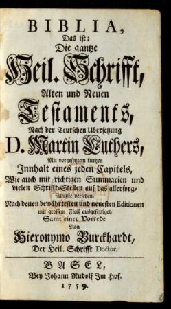 Biblia, Das ist: Die gantze Heil. Schrifft, Alten und Neuen Testaments