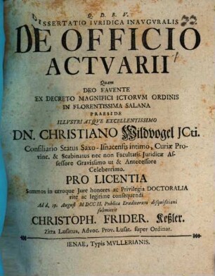 Dissertatio Ivridica Inavgvralis De Officio Actvarii