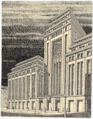 Verlagshaus des Scherl-Verlages, Berlin: Perspektivische Ansicht mit Variante zur Fassaden-Ornamentierung