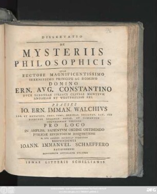 Dissertatio De Mysteriis Philosophicis