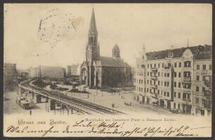 Ansichtskarte "Hochbahn am Lausitzer Platz u. Emmaus Kirche"