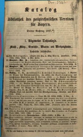 Katalog der Bibliothek des Polytechnischen Vereines für Bayern. 1867 = Nachtr. 3