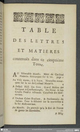 Table des Lettres et Matieres contenues dans ce cinquiéme Tome