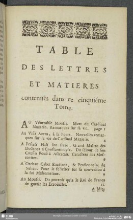 Table des Lettres et Matieres contenues dans ce cinquiéme Tome