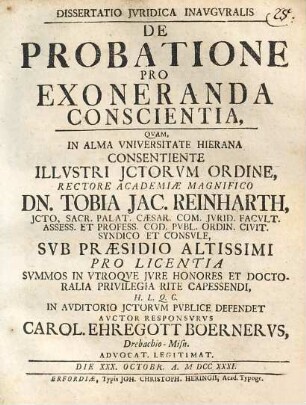 Dissertatio jvridica inavgvralis de probatione pro exoneranda conscientia
