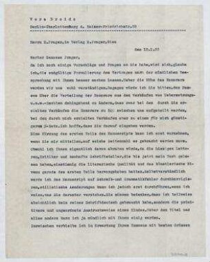 Brief von Vera Broido an E. Prager-Verlag / E. Prager. Berlin