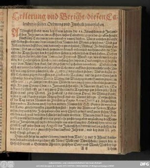 Erklerung und Bericht/ diesen Calender in seiner Ordnung und Innhalt zuvorstehen.