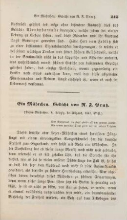 Ein Mährchen. Gedicht von R. F. Prutz. (Deßen Mährchen, 8. Leipzig bei Wigand, 1841, 67 S.)