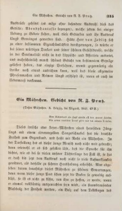 Ein Mährchen. Gedicht von R. F. Prutz. (Deßen Mährchen, 8. Leipzig bei Wigand, 1841, 67 S.)