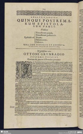 Analysis Logica Quinque Postremarum Epistolarum Pauli