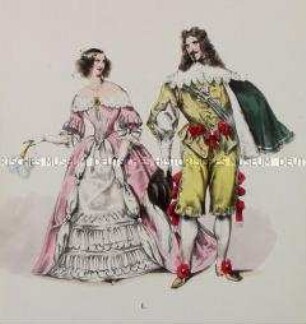 Paar: Frau im weißen Reifrock mit rosa Mantille und Mann im gelben Kostüm mit großem Spitzenkragen und grünem Umhang - Tafel aus Franceschini/Neue Kostümsammlung (Kassette 3)