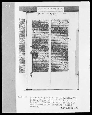 Lateinische Taschenbibel — Initiale P (aulus), darin der Apostel Paulus, Folio 423recto