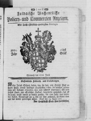 26tes Stück, Ausgabe vom 27. Junii 1770