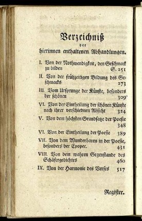 Verzeichniß der hierinnen enthaltenen Abhandlungen.