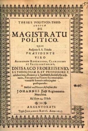 Theses politico-theologicae de magistratu politico