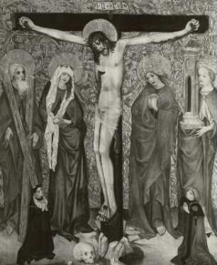 Kreuzigungstafel mit Andreas, Maria, Johannes und Barbara