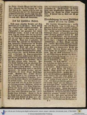 Tod des Türkischen Kaisers. Thronbesteigung des neuen Türkischen Kaisers Selim der Dritte.