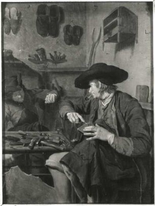 Ein Schuster in seiner Werkstatt : Horemans, Jan Joseph : Ein Schuster in seiner Werkstatt, Ölmalerei auf Eichenholz, 26,5 x 20, 5 cm