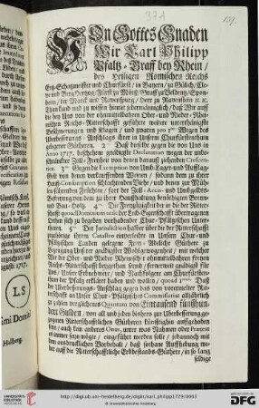 Von Gottes Gnaden, Wir Carl Philipp Pfaltz-Graff bey Rhein,[…]