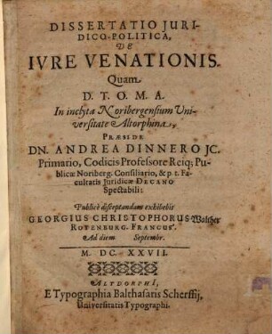 Dissertatio Iuridico-Politica, De Iure Venationis