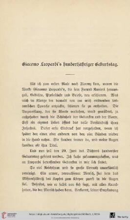Giacomo Leopardi's hundertjähriger Geburtstag
