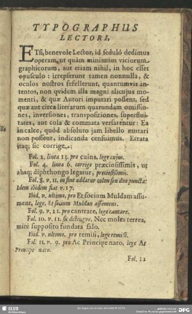 Typographus Lectori ... Errata itaq[ue]; sic corrige ...